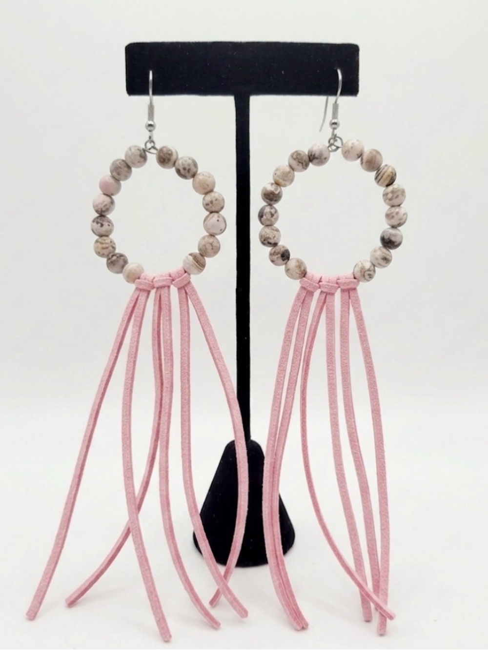 Rhodocrosite Leather Fringe Earrings